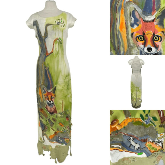 Fairy Maxi Dress S Unique Art to wear Hand Painted Embroidered Fox Lettuce Hem
